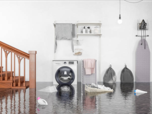 A washing machine in a flooded room