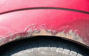 A close up of a car with rust damage