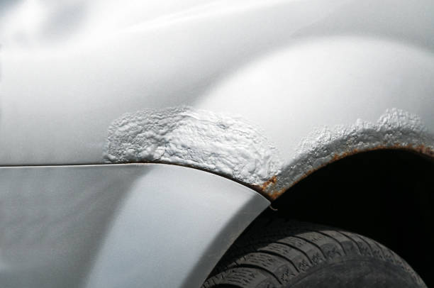 A close-up of a white car with rush damage
