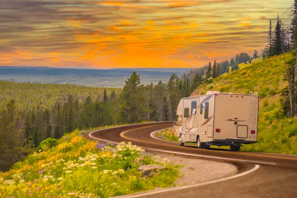 A RV on a winding road
