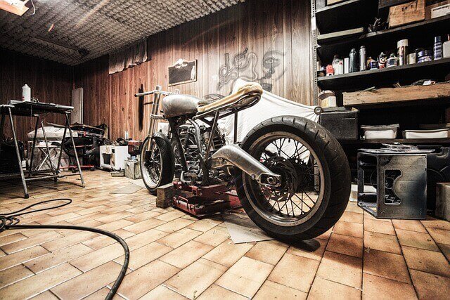 a motorcycle in a garage