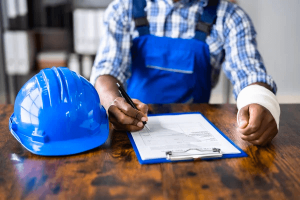 a person signing a document for workers comp insurance in Oklahoma