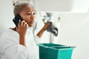 a woman taling on a phone about a plumbing issue